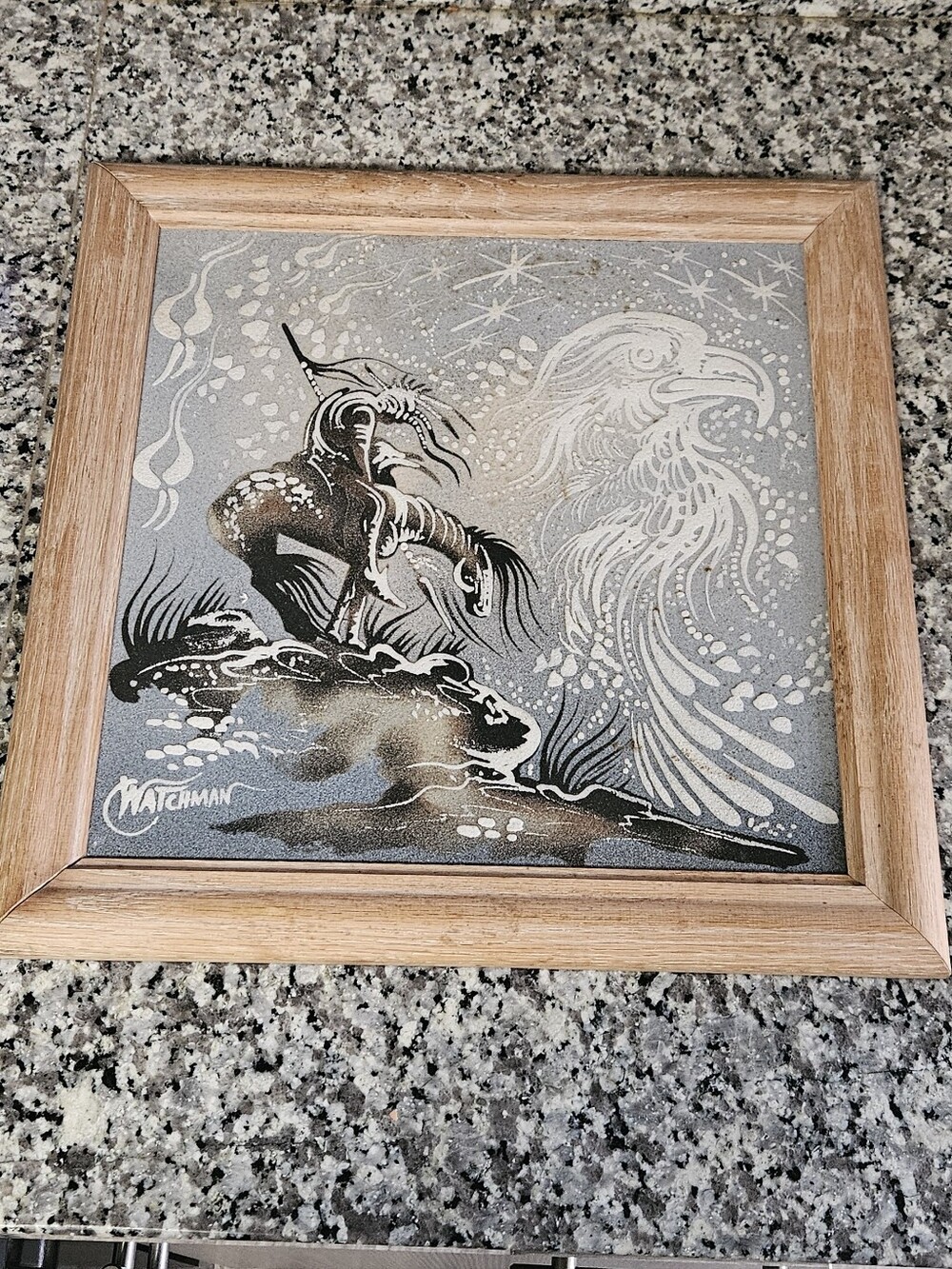 Vintage Navajo Sand Art Painting "End of the Trail" Signed Watchman Framed 16x16